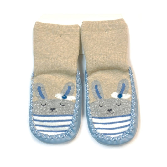 Tiny Alpaca Bunny Baby Slipper Sock Booties - Tan/Blue Stripes (Baby Shoe Size 12cm)