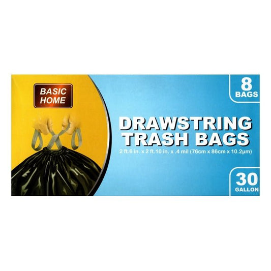 Basic Home 30 - Gallon Large Drawstring Plastic Trash Bags - Black (8 Pack) - Dollar Fanatic