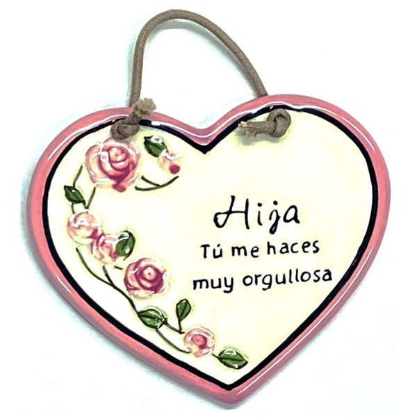 Hija Tu Me Haces Muy Orgullosa Heart Ceramic Plaque Gift with Braided Hanger - Pink Heart/Floral (3.5" x 3.25") - Dollar Fanatic