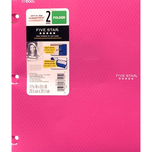 Mead Five Star Snap-In 2-Pocket Plastic Portfolio Folder (Select Color) - DollarFanatic.com