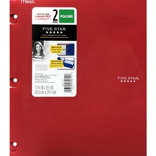 Mead Five Star Snap-In 2-Pocket Plastic Portfolio Folder (Select Color) - DollarFanatic.com