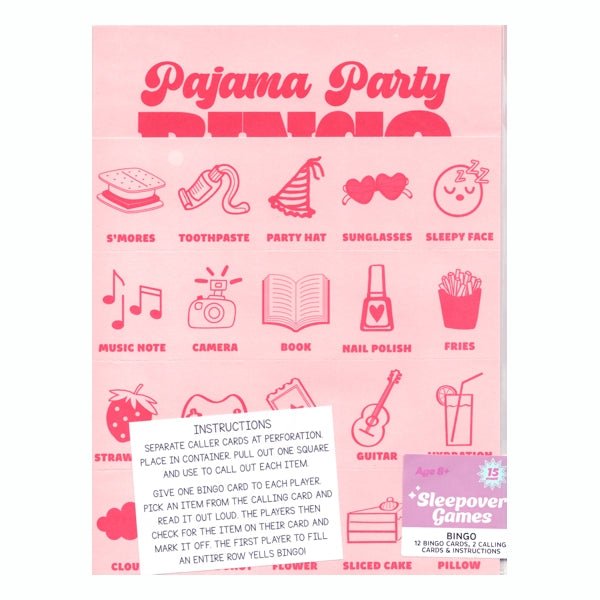 Sleepover Games Pajama Party Bingo Party Activity Game Pack (12 Bingo Game Sheets, 2 Calling Cards, Instructions) - Dollar Fanatic