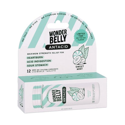 WonderBelly Antacid Calcium Carbonate Chewable Tablets - Sweet Mint (12 Pack - Travel Size) Maximum Strength Relief - Dollar Fanatic