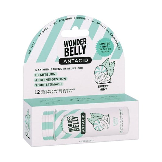 WonderBelly Antacid Calcium Carbonate Chewable Tablets - Sweet Mint (12 Pack - Travel Size) Maximum Strength Relief - Dollar Fanatic