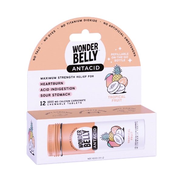 WonderBelly Antacid Calcium Carbonate Chewable Tablets - Tropical Fruit (12 Pack - Travel Size) Maximum Strength Relief - Dollar Fanatic